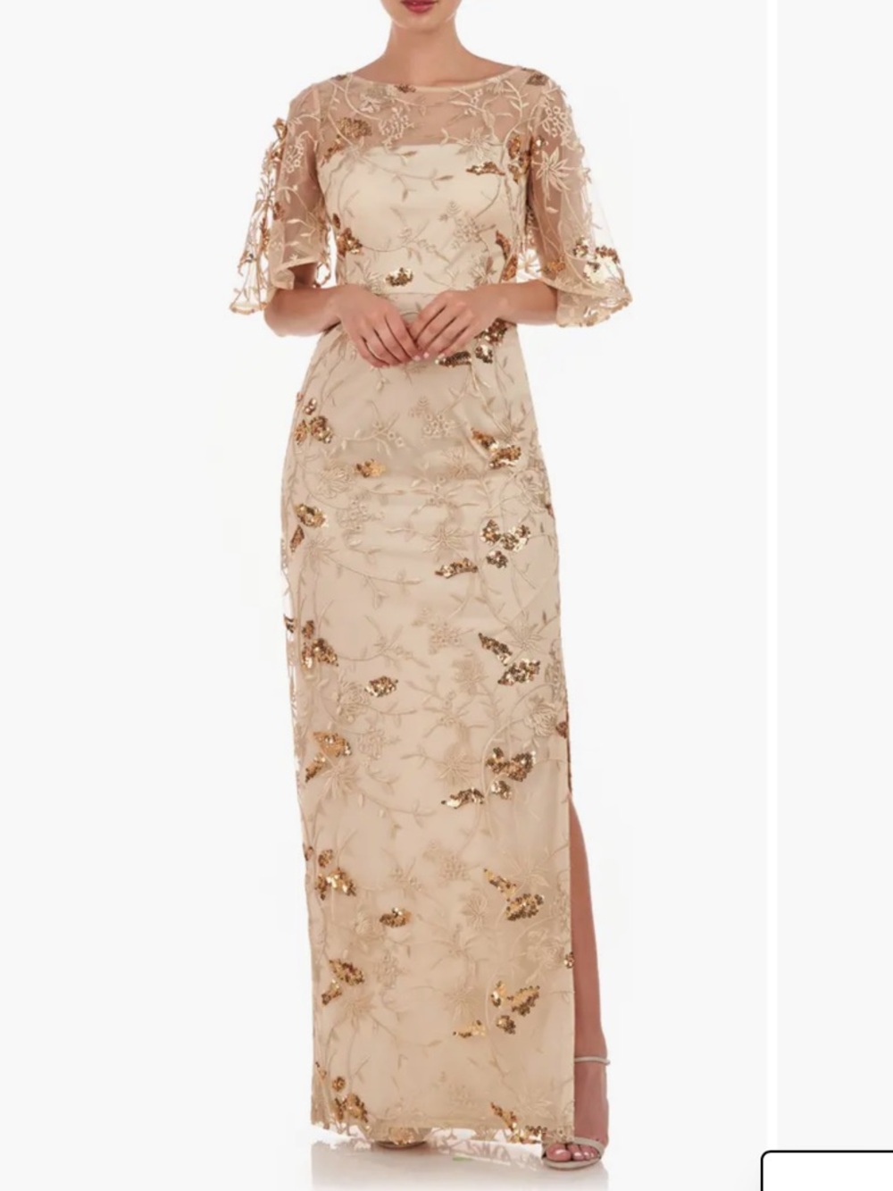 JS Collections Daphne Gold Embroidered Sequin Column Gown, NWT, Size 6 MSRP $298